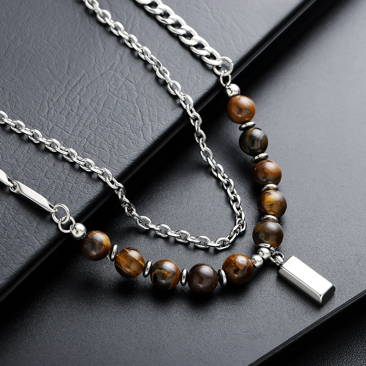 

Fashion Stainless Steel Layered Chain Necklace for Men Tiger Eye Stone Square Pendant Necklace Men Jewelry