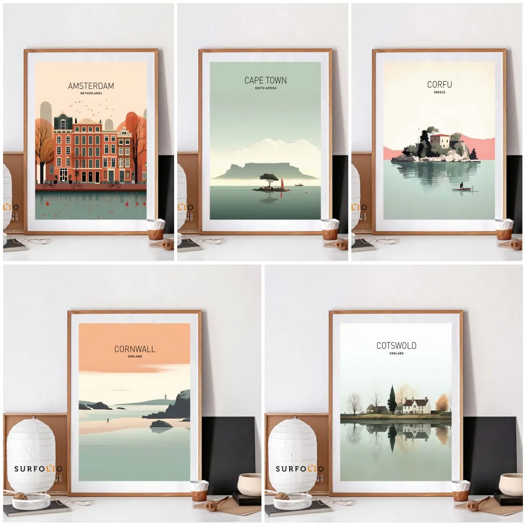 Minimalist Retro Wall Painting Art Travel Canvas Prints Famous Cities in Different Countries Poster Pictures Dorm Home Decor