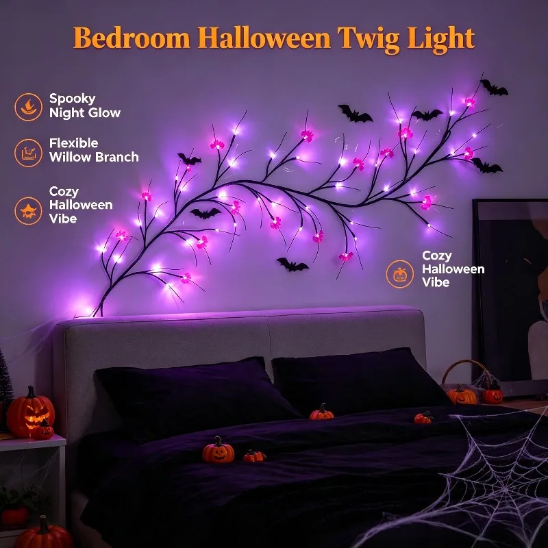LED Halloween Willow Vine Lights, Bendable Branch Fairy Lights with Bat Pumpkin for Indoor Home Decor