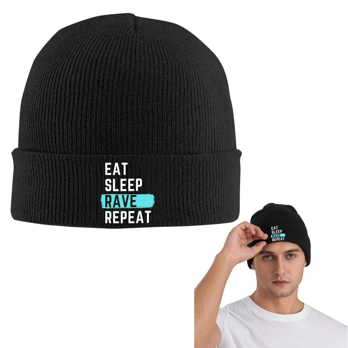 Eat Sleep Rave Repeat Warm Knitted Cap Hip Hop Bonnet Hat Autumn Winter Outdoor Beanies Hats for Men Women Adult
