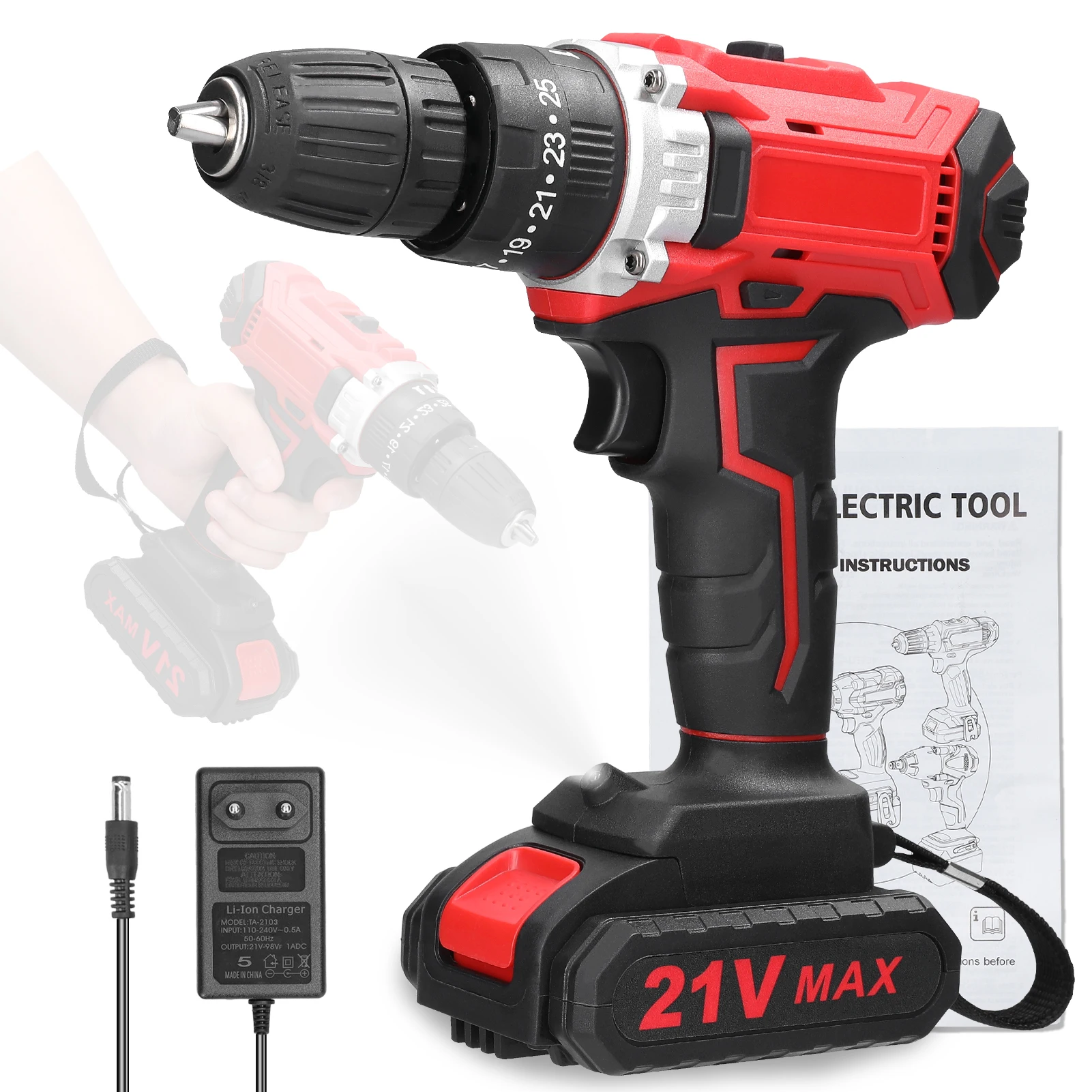 21V Electric Drill Brush Motor 2 Speeds Control Stepless Speed Regulation Rotation Ways Adjustment 25 Gears of Torques Drill