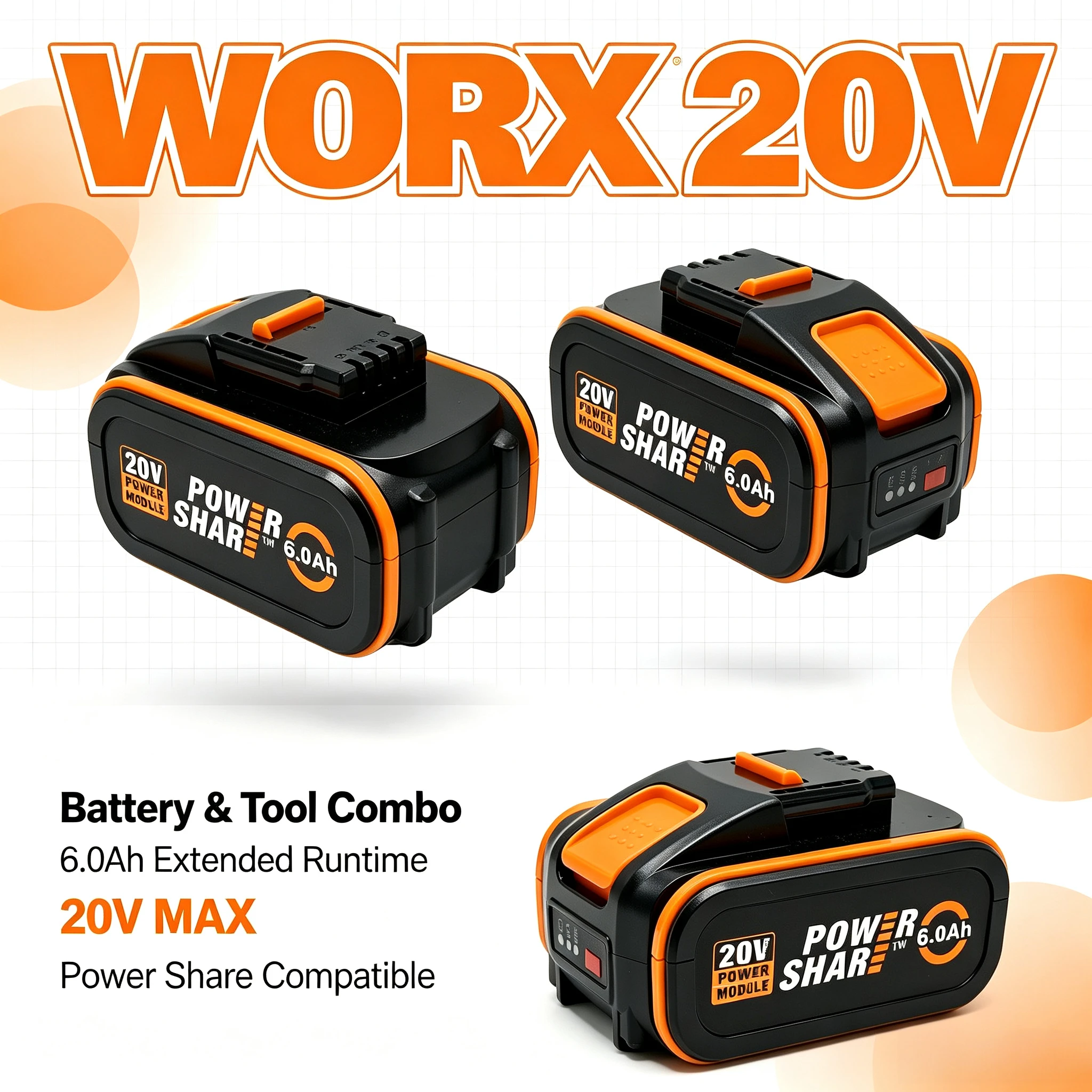 WORX 20V 6.0Ah 4Pin Lithium Battery WA3551 Rechargeable Spare Pack Heat Dissipation for WORX WX373 WG322 Power Tool Outdoor Jobs