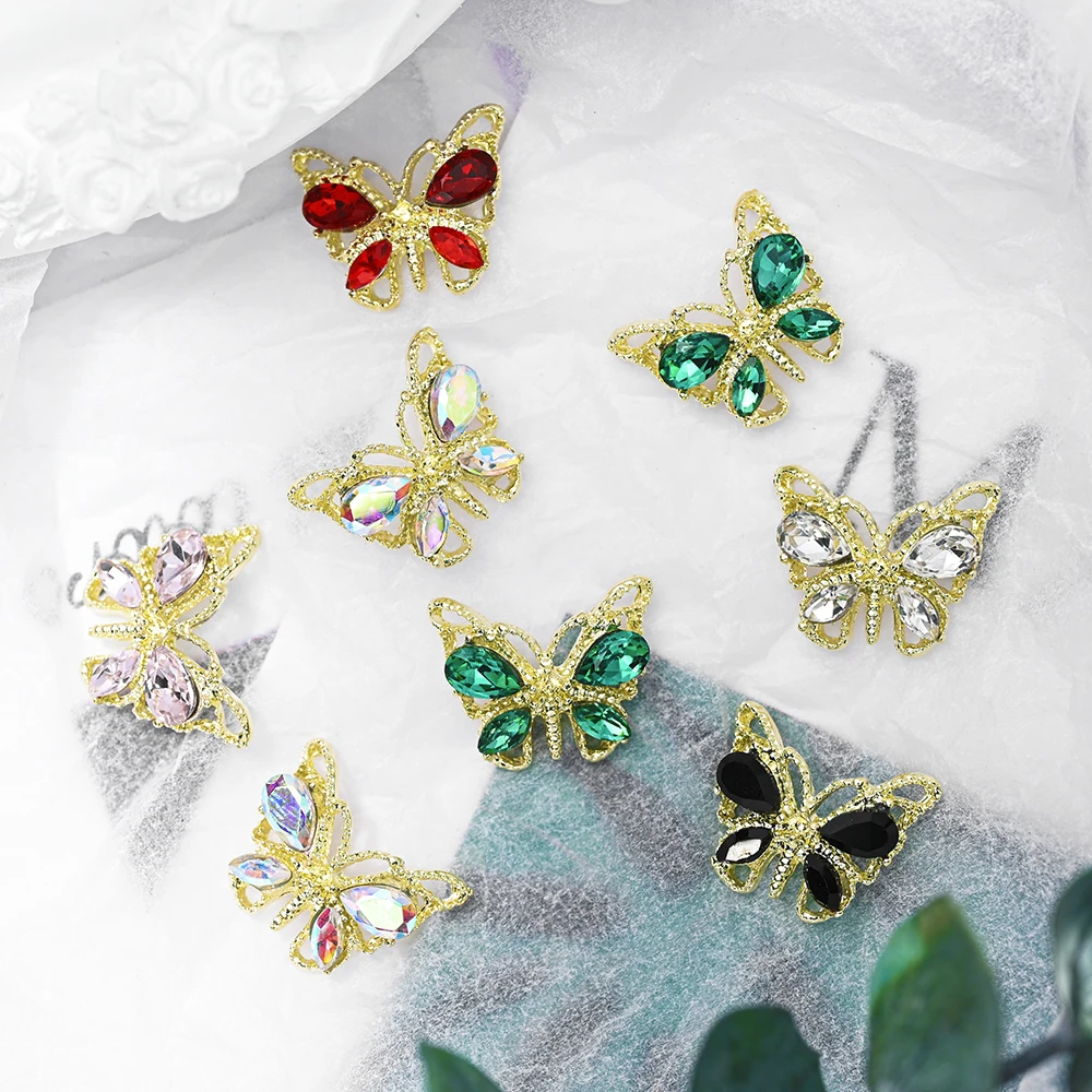 3D Butterfly Nail Jewelry Glass Crystal Rhinestones Sparkle Butterfly Nail Charms DIY Golden Alloy Diamond Nail Art Accessory #*