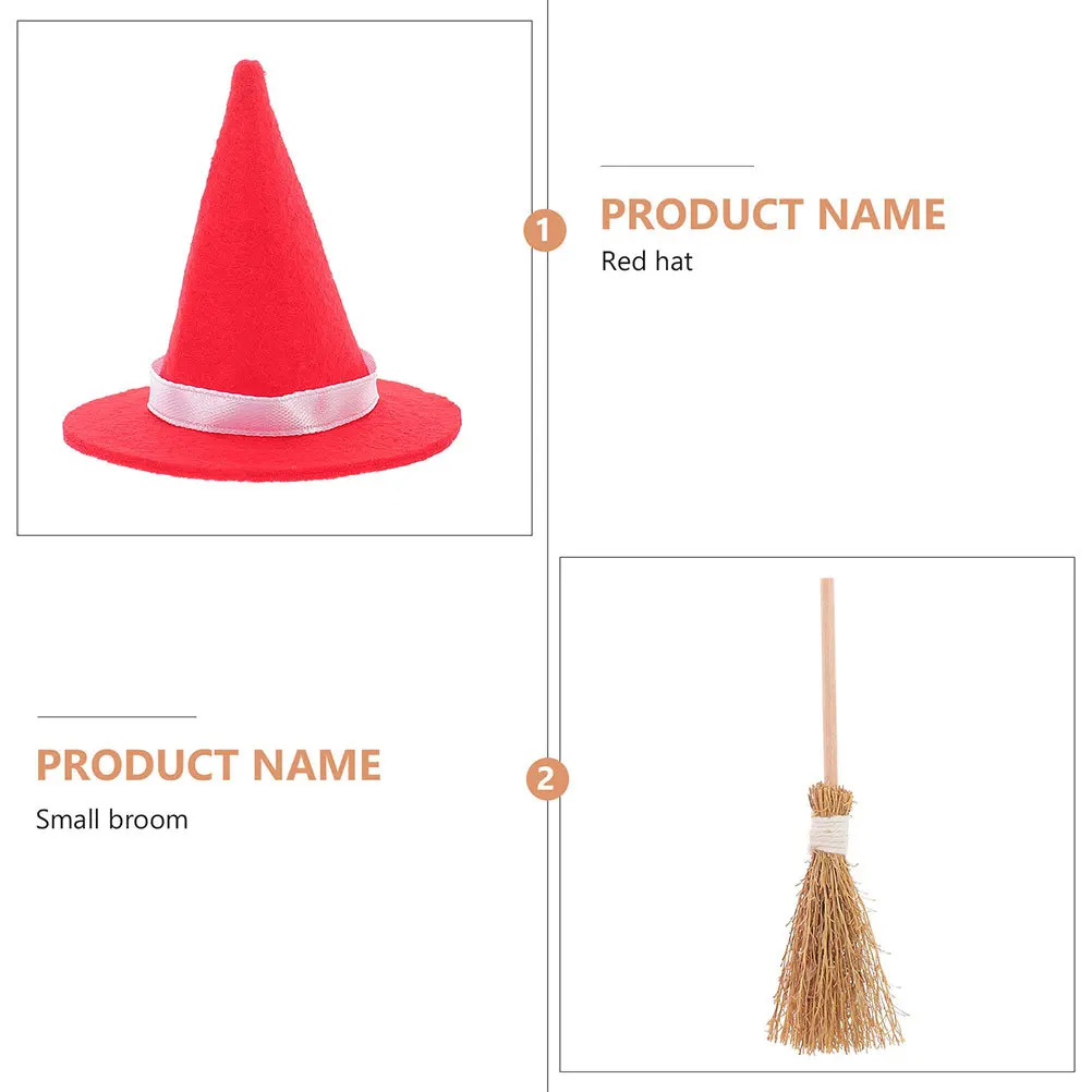

2Sets Hat and Broom Sets Halloween Scene Decoration Miniature Accessories Miniature Witch Hat Broom