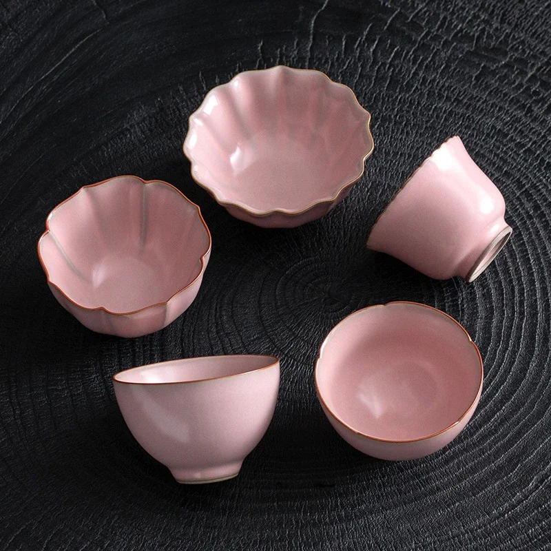 

Handmsde Pink Galze Ru Kiln Ceramic Teacup Boutique Ru Porcelain Master Cup Household Sliced Single Women's Tea Cups and Bowls