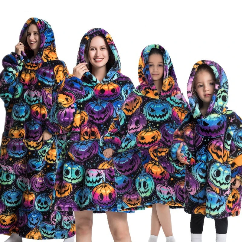 

Home Wearable Robe Adult Kids Children Large Pocket Hoodie Lazy Sleeve Winter Warm Flannel Hooded Blanket TV Sofa Blanket