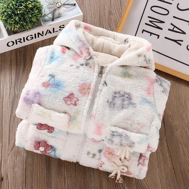 Winter Girls Jacket For Girls Coats Thickened lamb fur Warm Hooded Cotton-Padded Coat Children Printing Outerwear 2-9 Years