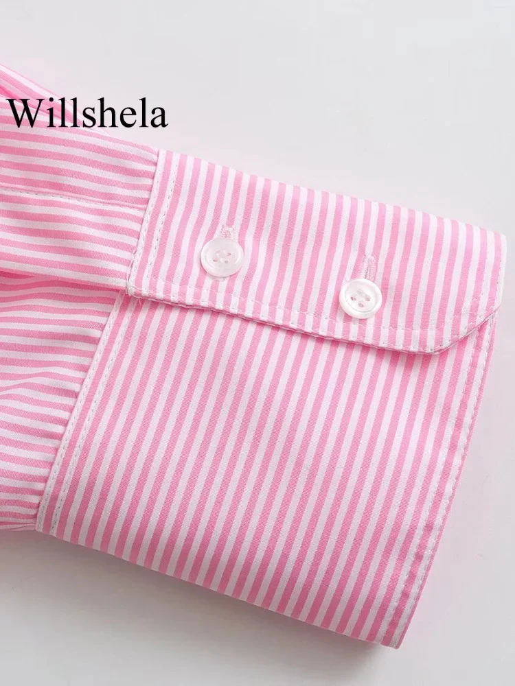 Willshela Women Fashion With Pocket Pink Striped Single Breasted Blouse Vintage Lapel Neck Long Sleeves Female Chic Lady Shirts