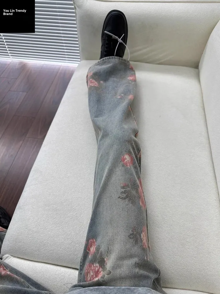 

American High Street Floral Men's Jeans Summer Thin High-End Slimming Pants Rose Print Straight Leg Micro Flared Trousers