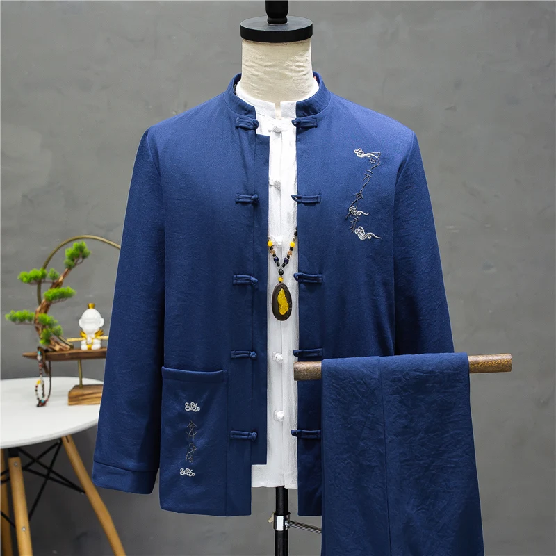 2023 Autumn Men\'s Suit Embroidery Chinese Style Stand Collar Jacket Trousers  Male Wedding Blazers Coat Pants 2 Pcs Set