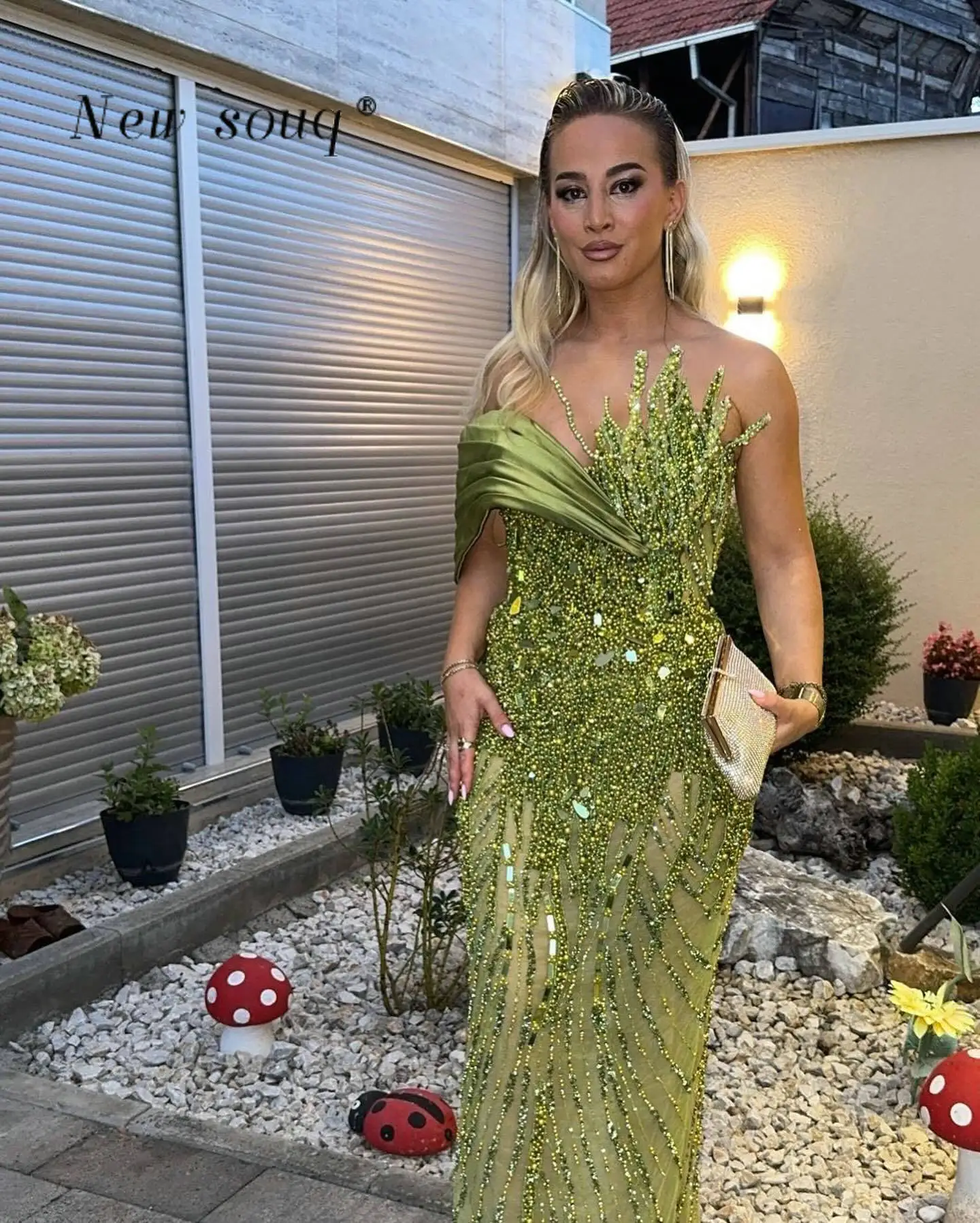 Arabic Green Crystals Beaded One Shoulder Mermaid Evening Dresses Elegant Formal Party Gowns Wedding Guest Wear for Women