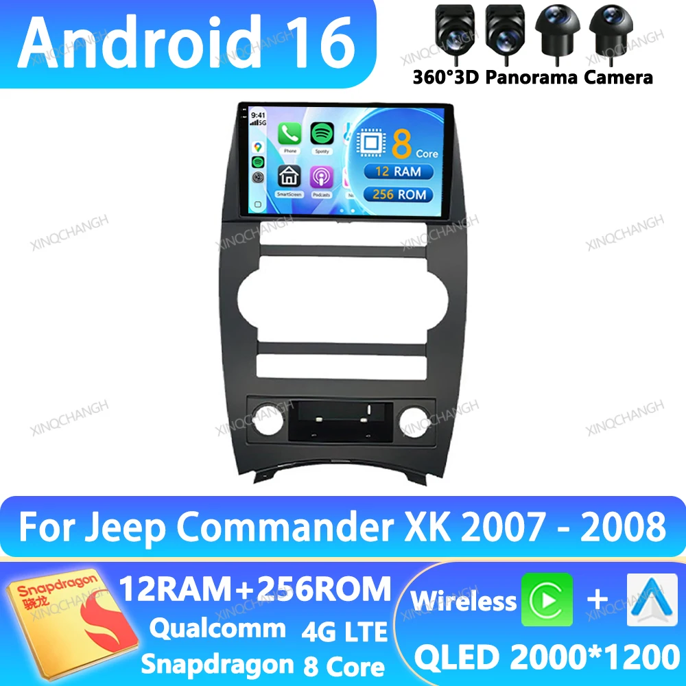 Radio para Auto Android 16 para Jeep Cherokee Commander XK 2007 2008, Unidad Principal Multimedia, Reproductor de Video, 4G WIFI, Qualcomm, Navegación 2DIN