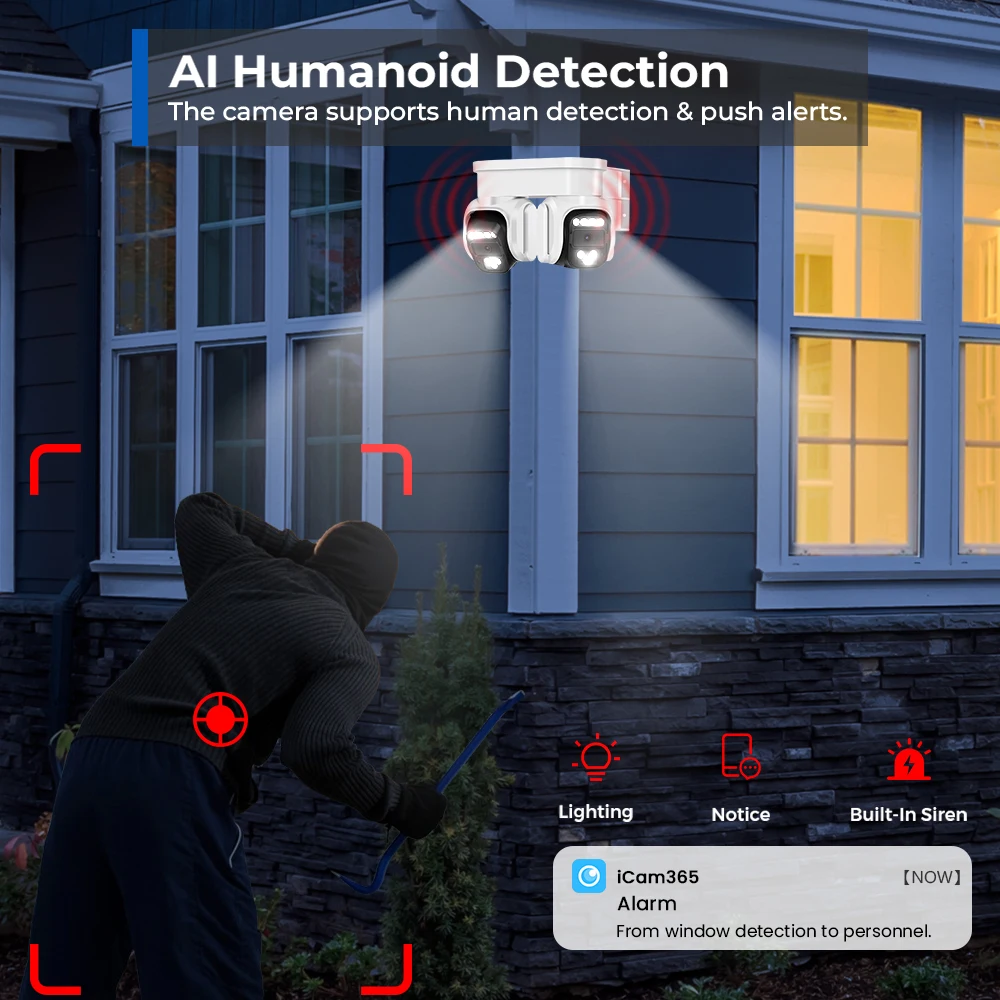Cámara Dual HD de 8MP con Wifi, Zoom Digital 10X, detección humana AI, Audio PTZ, IP, visión nocturna a Color, vigilancia CCTV al aire libre