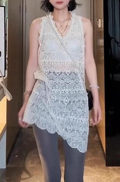 여성용 v 넥 투명 베이지 레이스 드레스 여름 빈티지 시스루 미디 탱크 드레스 Boho Cover Up 민소매 쉬어 메쉬 드레스