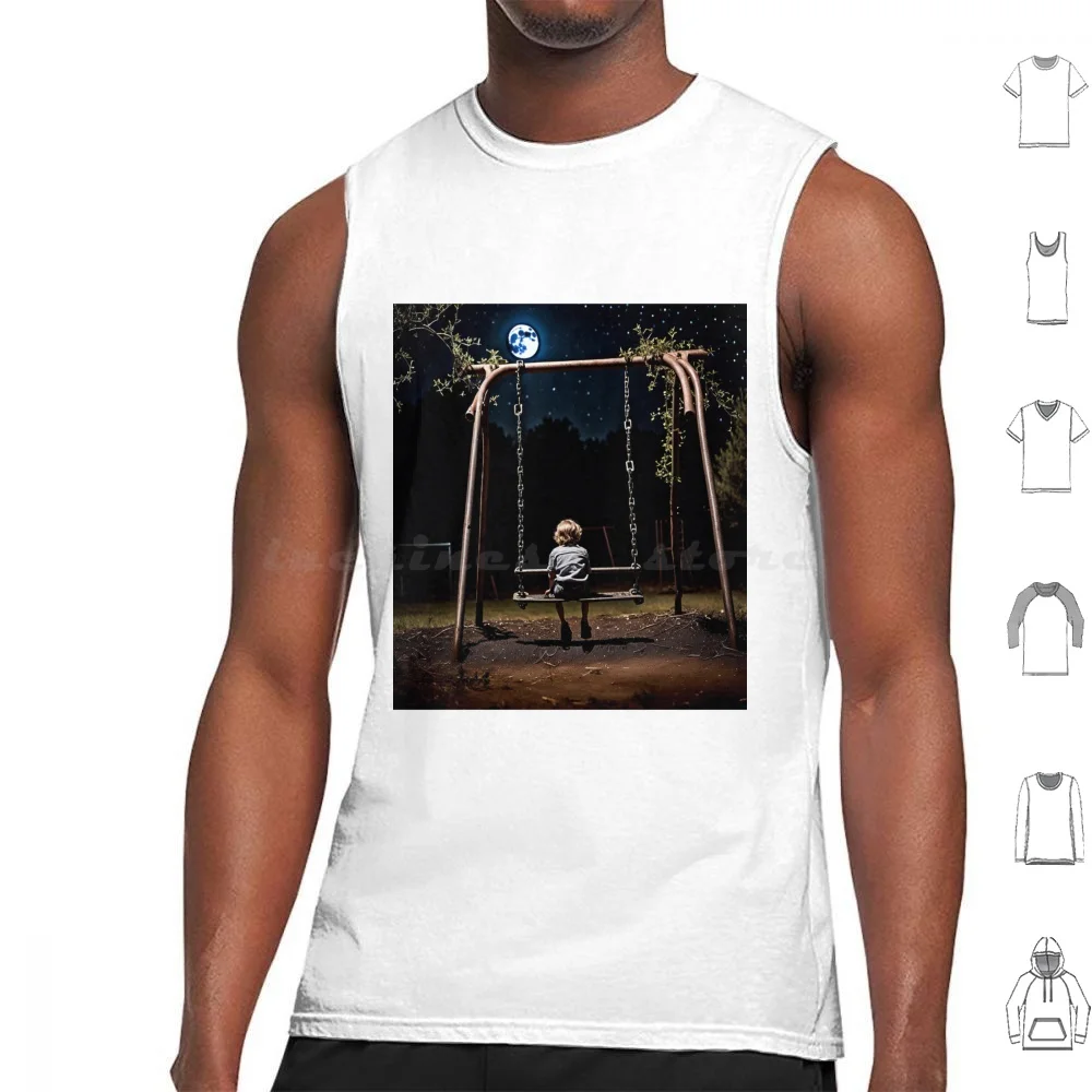 Child On A Swing Tank Tops Print Cotton Child On A Swing Playground Swing Child Nighttime Desolate Abandoned Full Moon