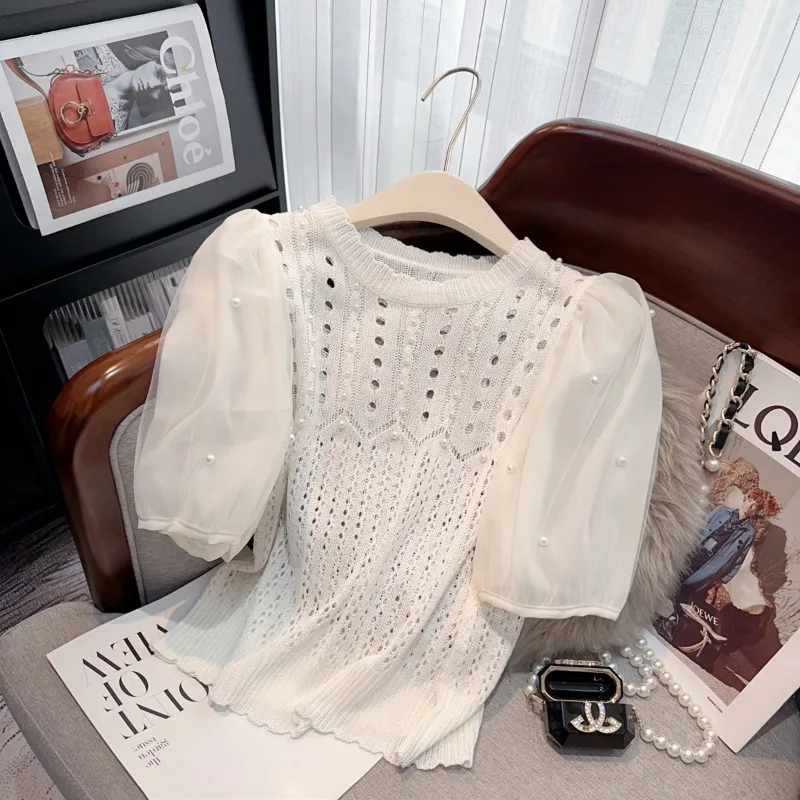 2024 Summer Short Sleeve Hollow Out Peals Beading Sweater Women's Round Neck Puff Sleeve Solid Lace Knitwear Tops Ladies Jumpers