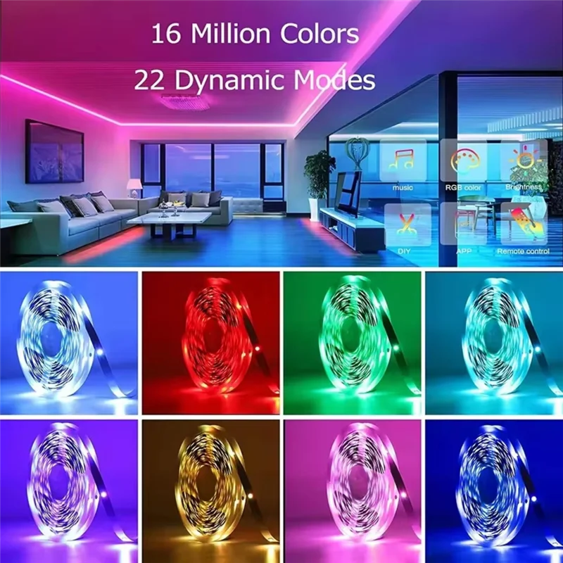 

A98E-Dc 24V App Control Rgb Led Tape Strip Bluetooth 10M Meters Multicolor Adhesive Led Band Ice String For Home Decoration EU P