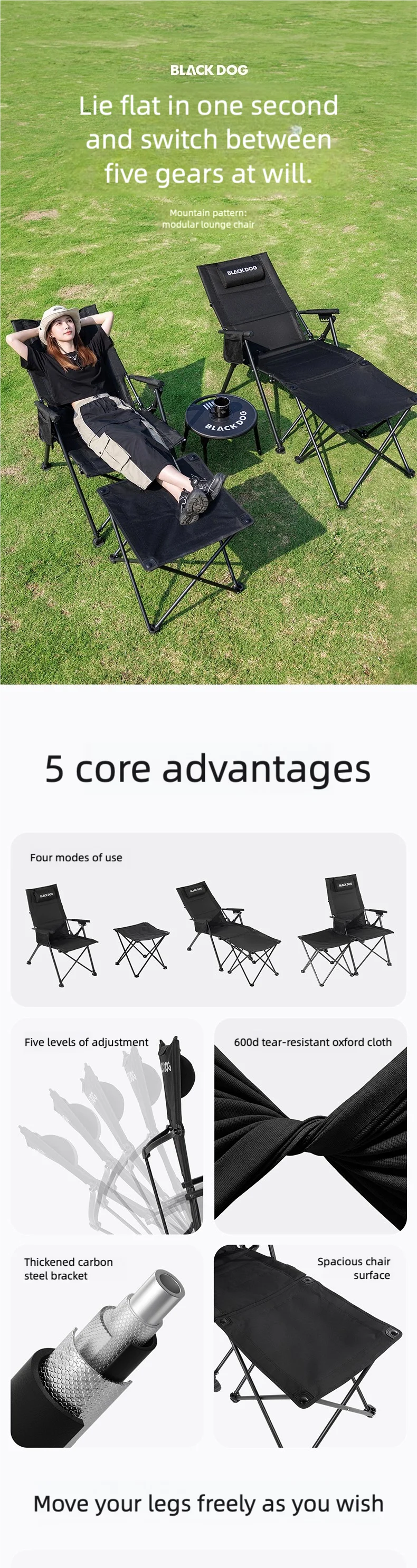 BLACKDOG Modularer Camping-Liegestuhl 5-fach Verstellbarer Klappbarer Relaxsessel Abnehmbarer Fußstütze Outdoor Strand Büro Nickerchen-Stuhl – Detail 1
