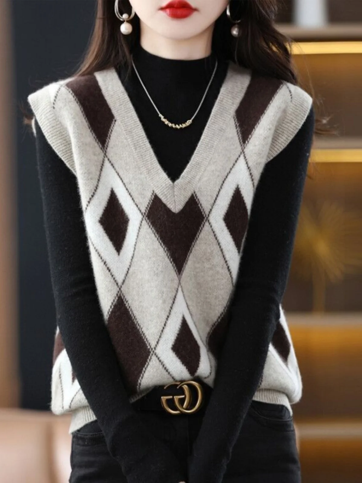 

Ретро-жилет с V-образным вырезом и цветными вставками, вязаный шерстяной свитер, женский топ для осени и зимы, повседневный, стандартной длины