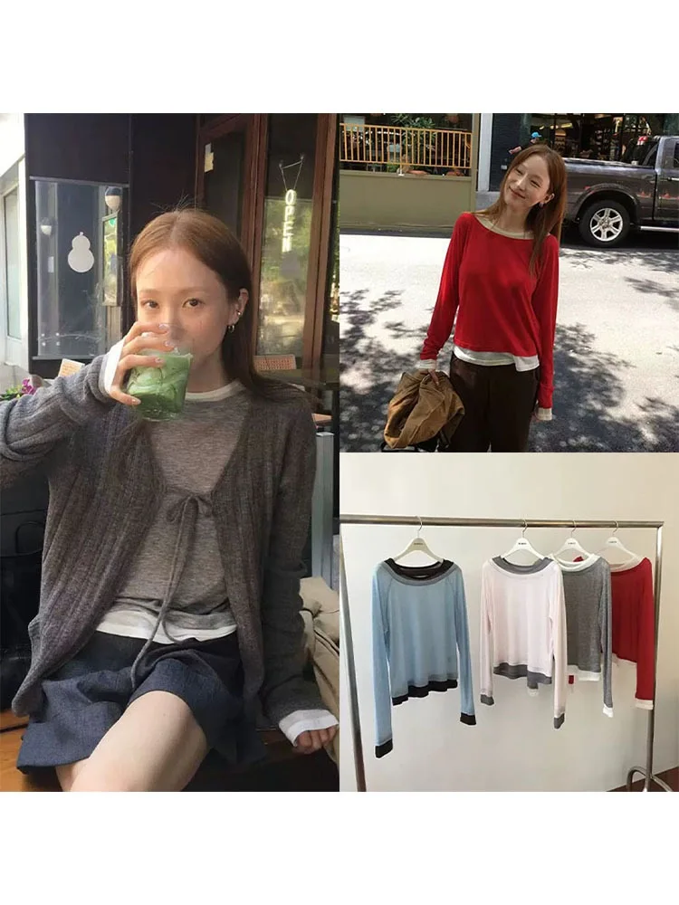 MOSA Korean Style Long Sleeve round Neck T-Shirt Color Block Design Breathable Top Dongdaemun Autumn New Arrival Single Piece
