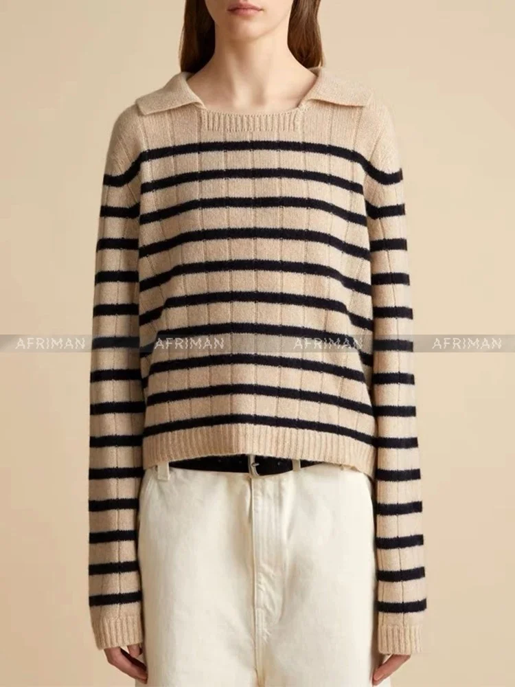 

Women Strret Fashion Autumn New Polo Collar Drop Shoulder Hit the Color Striped Wool Blend Loose Sweater