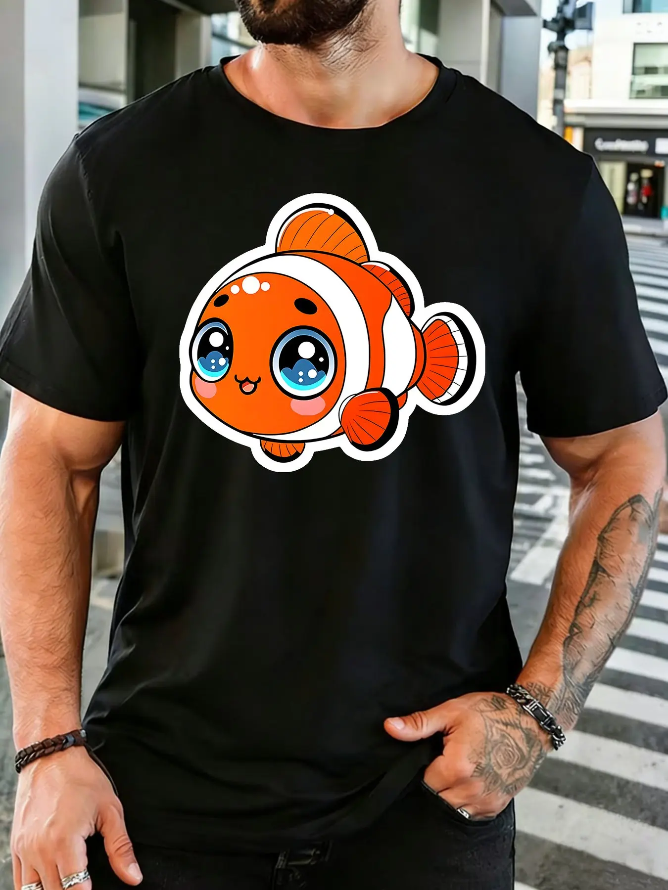 Men Cotton Tee Kawaii Cartoon Clownfish Sticker Graphic Short Sleeve Tshirt For Ocean Animal Lovers Daily Casual Street Top