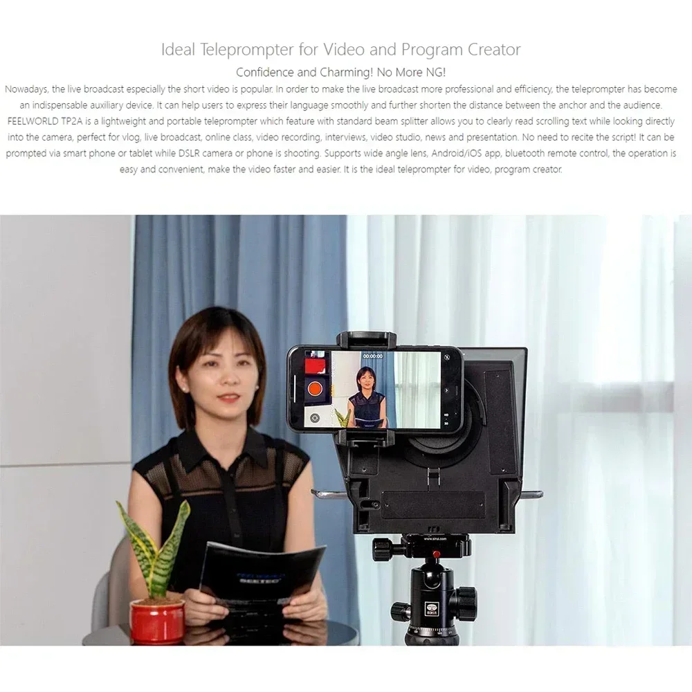 

FEELWORLD TP2A Portable Teleprompter 8" Screen for Phone Tablet DSLR Bluetooth Control 8 Lens Rings 300g Lightweight