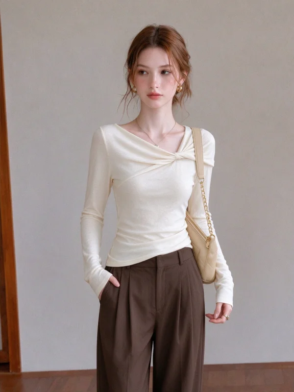 Korean Style Long Sleeve T-Shirt Women's Autumn Light Maturity Unique Knot Design Base Shirt Slim Fit Top Casual Style
