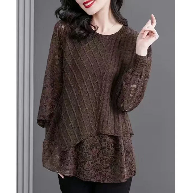 Elegant Hollow Out Lace Fake Two Pieces Blouse Women\'s Clothing 2023 Autumn New Casual Pullovers Commute Shirt