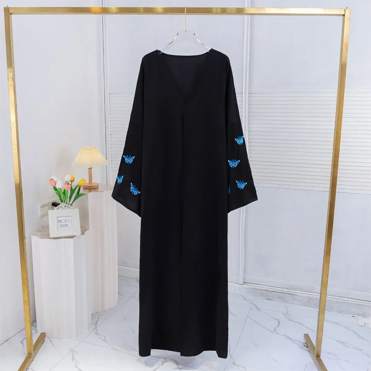 Open Front Abaya Women Long Sleeve Maxi Length Dress Butterfly Embroidery Muslim Abayas Kaftans Women Jilbabs Women\'s Clothing