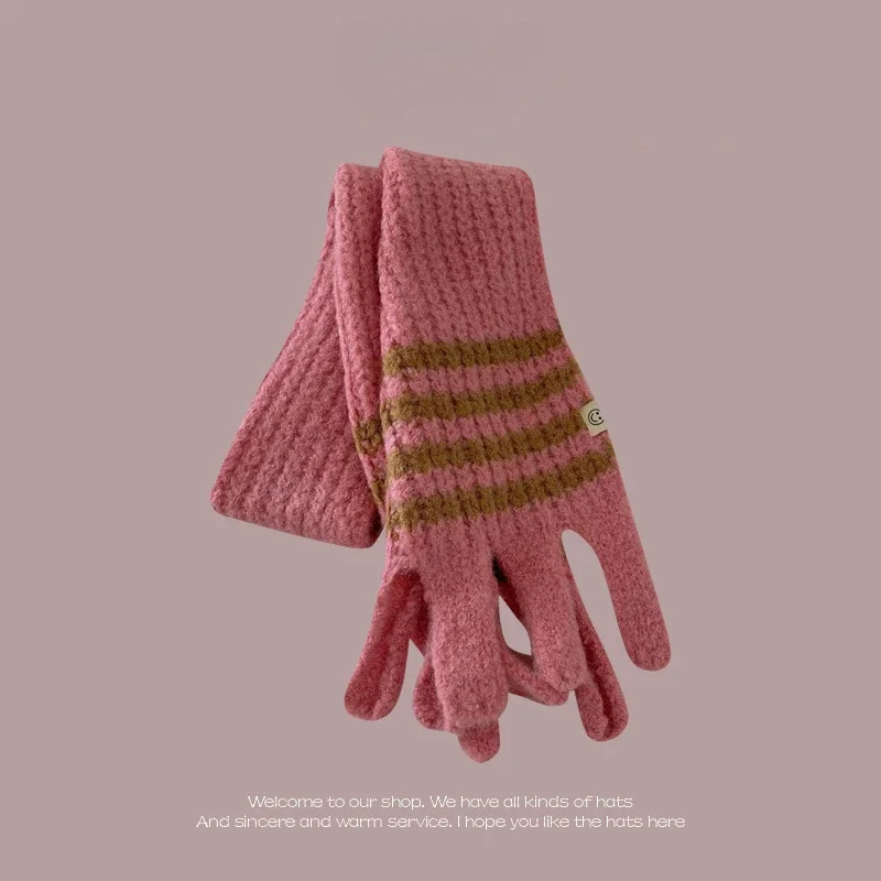 Pink Scarf Cute Cartoon Plush Warm Scarf Vintage Versatile Knitted Embroidered Scarf Children\'s Multi-piece Hat Scarf Gloves