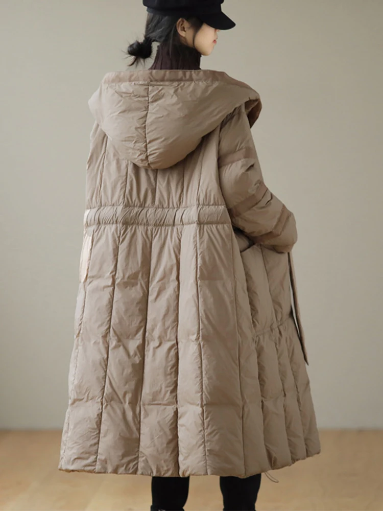AmaxluluE Womens Hooded Design Solid Duck Down Jacket 2025 Winter Korean Style Warm Loose Casual Long Coat Vintage Padded Parkas