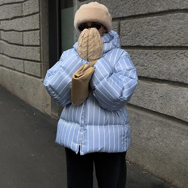 

Striped Hooded Cotton Padded Coat Women Autumn Winter Commuting Stand Collar Zipper Warm Overcoat Female Fashion