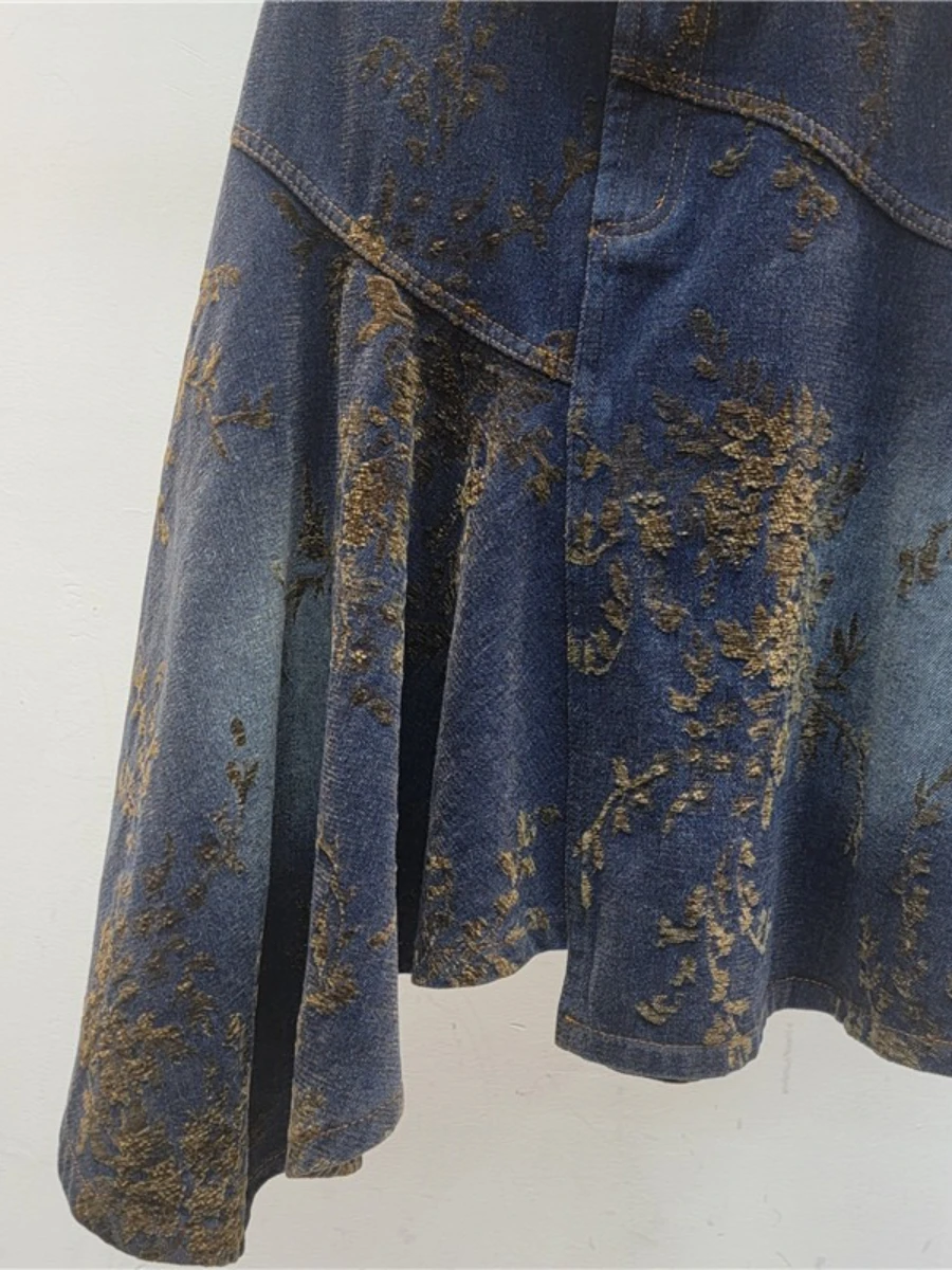 GALCAUR Blauw Gesplitst Massaal Retro Chic Rok Vrouwelijke Hoge Taille Losse Onregelmatige Ontwerp Damesrokken Herfst Mode Stijl Nieuw