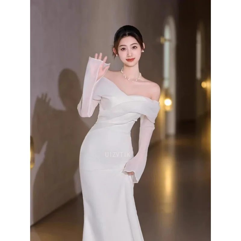 Simple Satin Mermaid Wedding Dress Elegant Off-Shoulder Long Bridal Gown White Tulle Long Sleeve Party Formal Occasion Dress