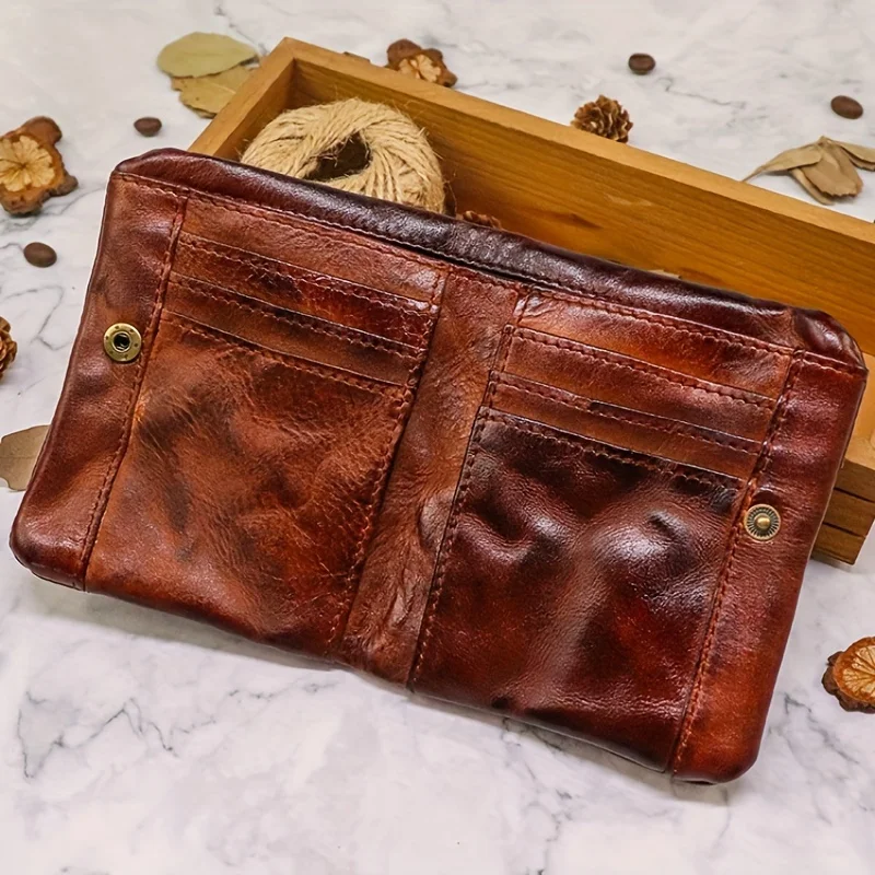 

Genuine Leather Bifold Wallet Single Snap Men's Leather Wallet Vintage Wallet Can Hold Banknotes Bank Cards, Coins Dark Brown
