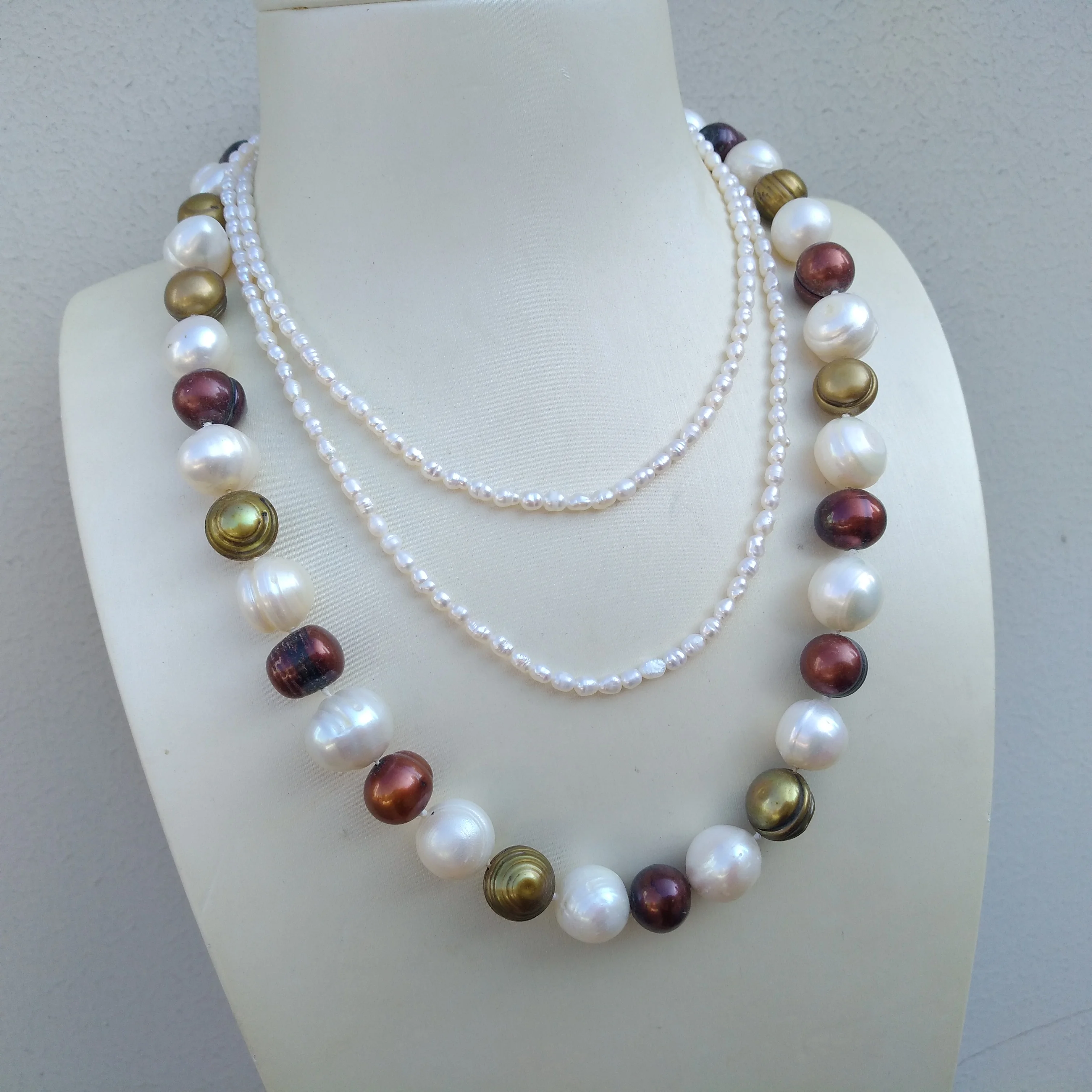 Triple Strands AAA Multi-color 3-10mm Genuine South Sea White Pearl Necklace  45cm Apply Any Occasion