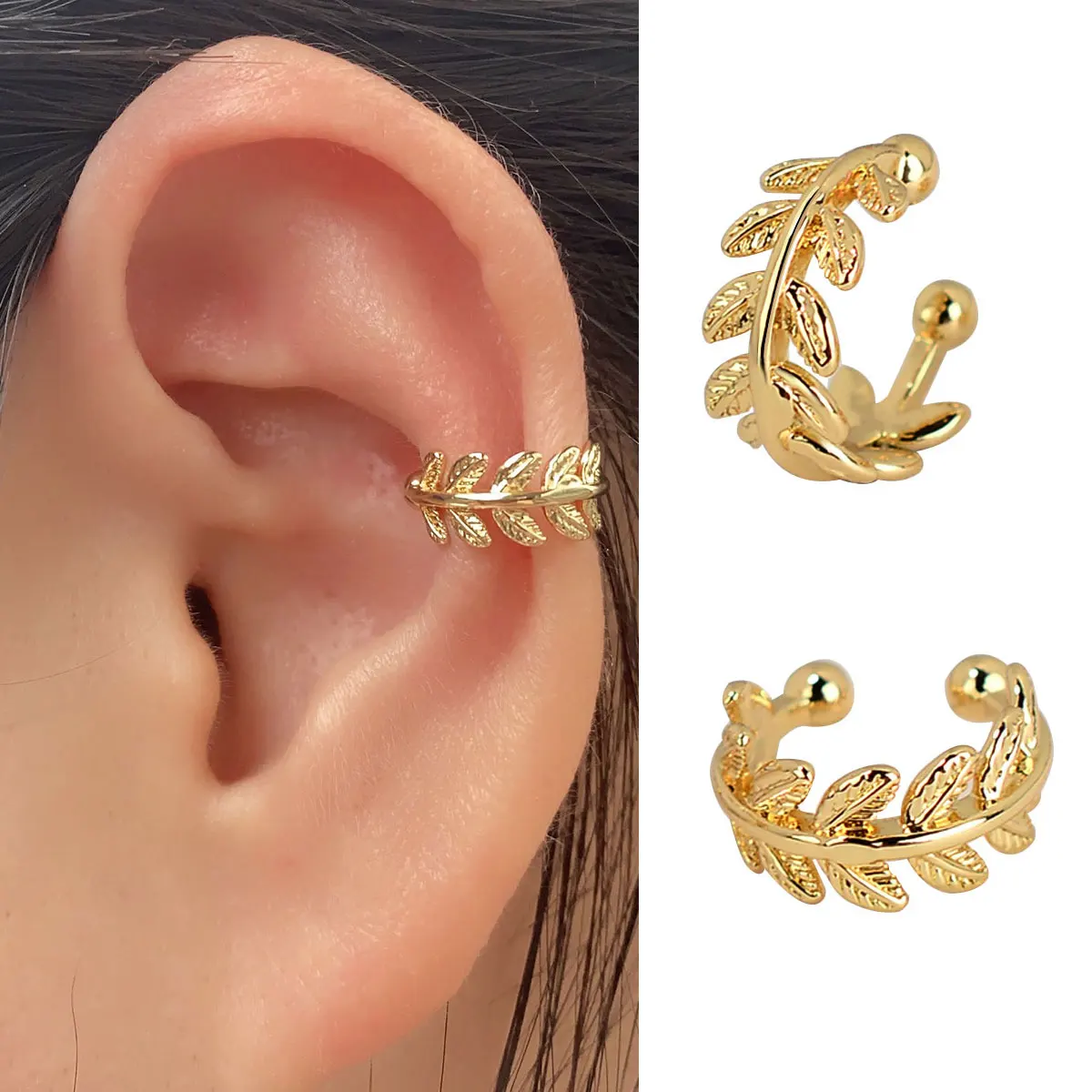 2PC Punk Metal Leaf Ear Cuff Clip on Earring for Women No Pierced C Shape Hollow Geometric Small Ear Wrap Earcuff Clips Biżuteria