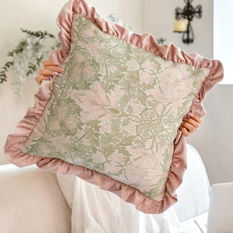 Premium Pink Flower Jacquard Cushion Cover Fashionable Ruffled Edge Patchwork Pillowcase for Bedroom French Luxury Home Decor