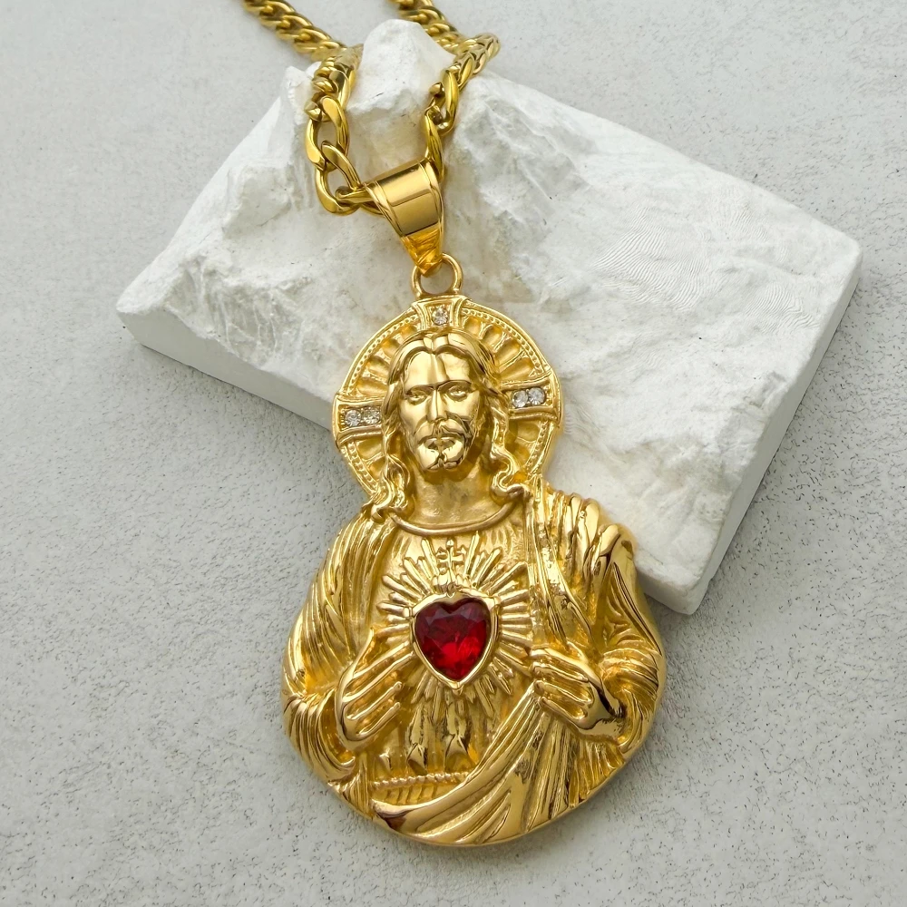 

316L stainless steel pendant, Jesus heart pendant, with rhinestone, golden color, religious, hip-hop men's women's gift jewelry
