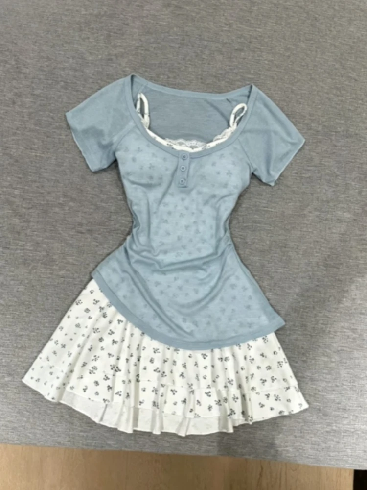 Ladies Sweet Japanese Lolita 2 In 1 Suit Slim Fitting Tops High Waist Elegant Mini Dress Y2k Chic Trend Daily Fashion Outfit Set