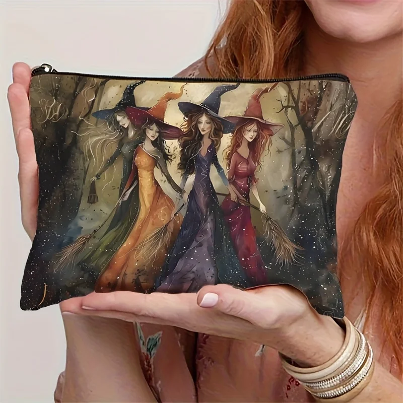 

Vintage Witch Makeup Bag Magical Forest Design Three Witches Riding Brooms Large Capacity Foldable Travel Cosmetic Organizer