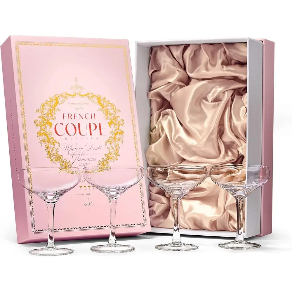 

Маленькие винтажные бокалы для шампанского | Набор из 4-х предметов | Бокалы для коктейлей Crystal Classic, 6 унций - для Sidecar, Daiquiri | Ретро-тарелочки o