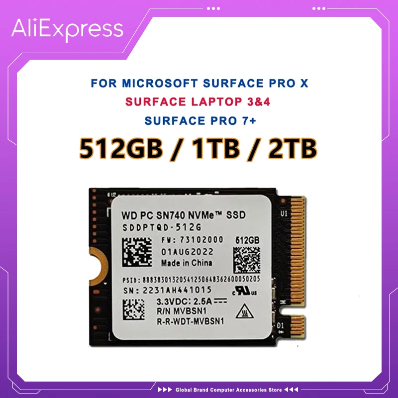 Western Digital WD SN740 2TB 1TB 512GB M.2 SSD 2230 NVMe PCIe Gen 4x4 SSD For Microsoft Surface ProX Surface Laptop 3 Steam Deck