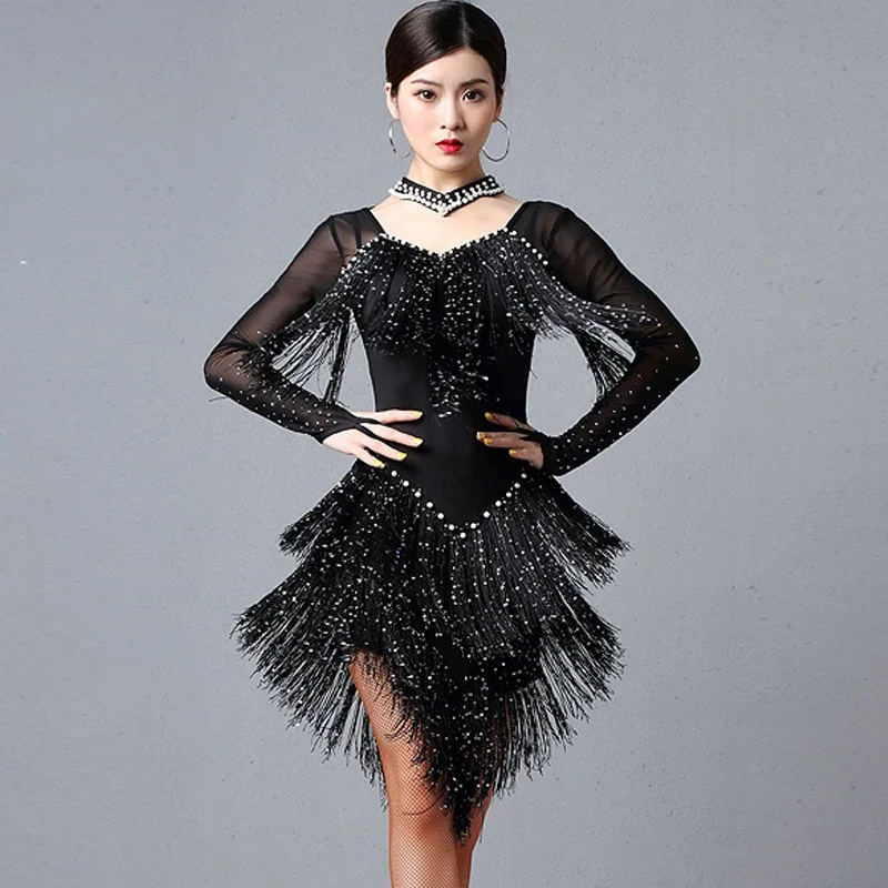 

Latin Dance Tassel Dress For Women's Samba Competition Costume Adult Group Professional Modern Dance Performance Dress XH1915