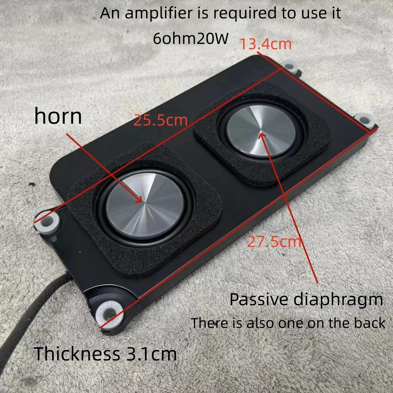 GHXAMP 3 Inch Slim Subwoofer Bass Speaker, Dual Passive Diaphragm ,Waterproof 20W 6Ohm, Ultra-Thin Design (25.5x13.4x3.1cm) 1PC