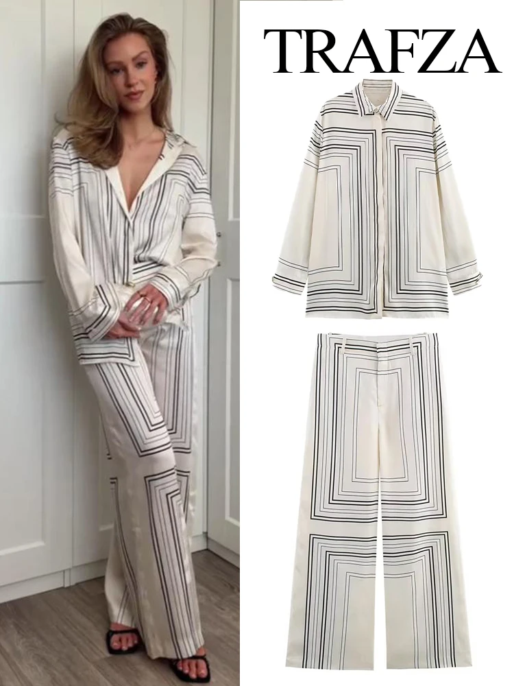 

TRAFZA Women Fashion Pant Suit Single-Breasted Turn-down Collar Long Sleeve Shirt+Chic Print High Waist Zipper Loose Long Pant