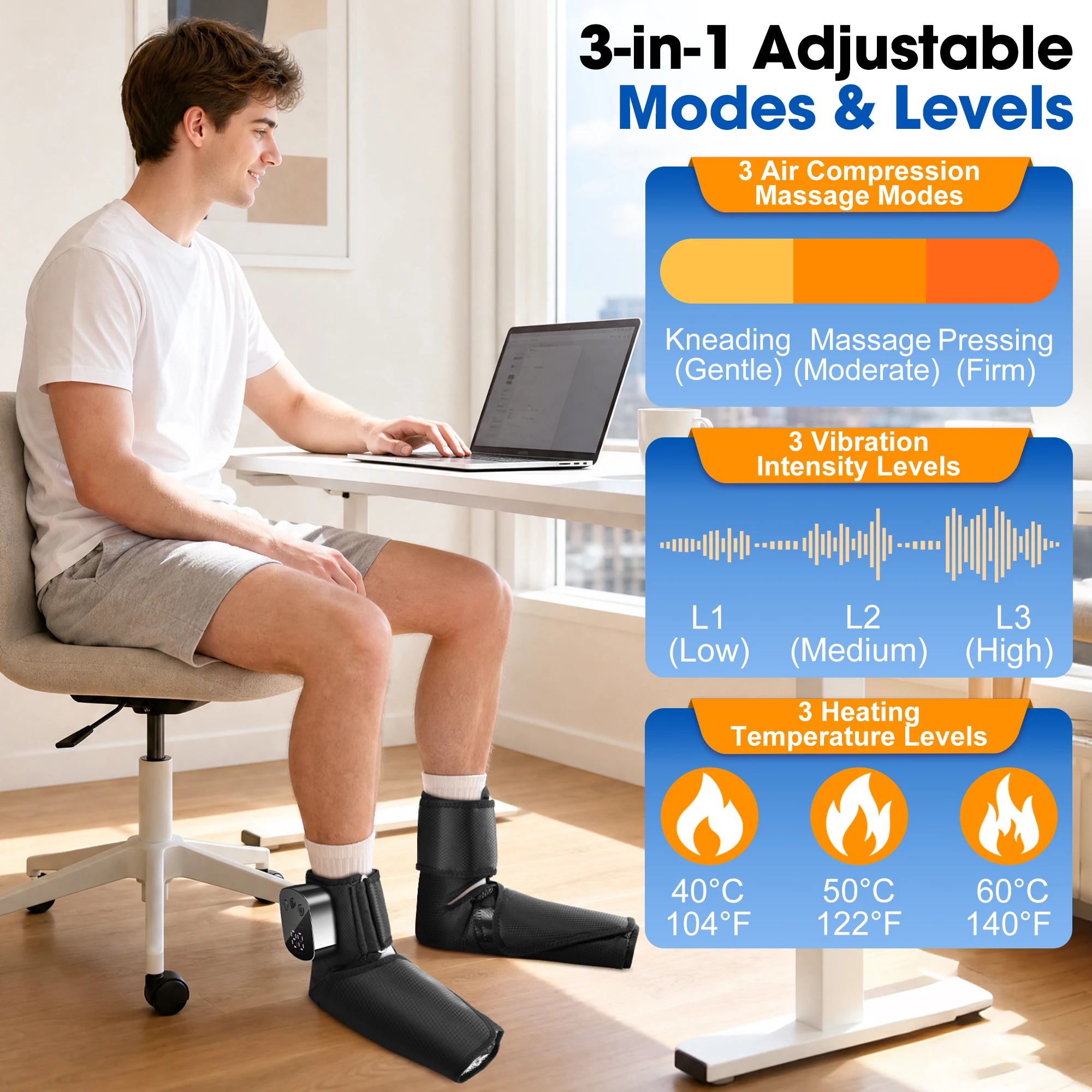 Air Compression Foot Ankle Massager Heat 3-in-1 Airbag Squeeze Vibration Cordless Wireless Remote Control 3000mAh Battery