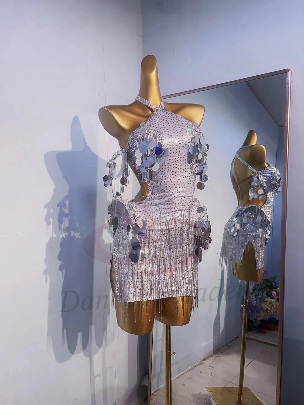 

Latin Dance Costume AB Stone Female Adult Children High-End Customized Silver Sequin Floral Dress Samba Performance Dress