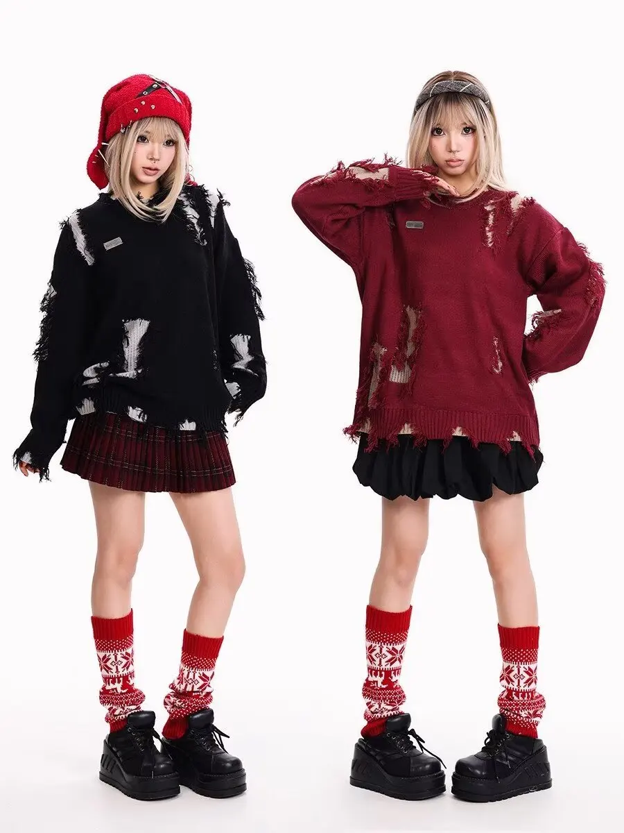 2025秋冬 不規則なダメージ加工デザイン ラウンドネックニットセーター 男女兼用 - レトロ ルーズ トレンド ストリートウェア プルオーバー